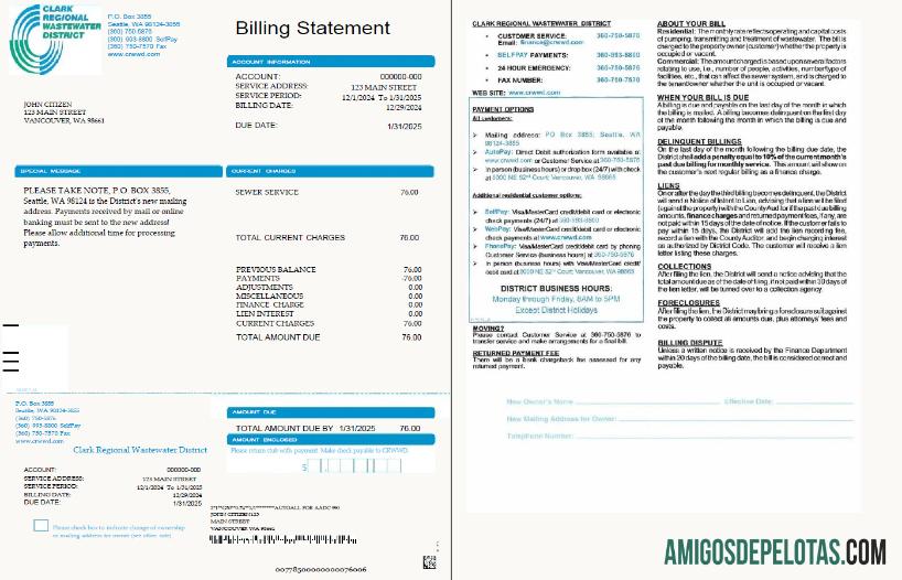 imprimível Modelo de conta de serviços públicos do distrito regional de águas residuais Clark dos EUA em formatos Word e PDF, 2 páginas